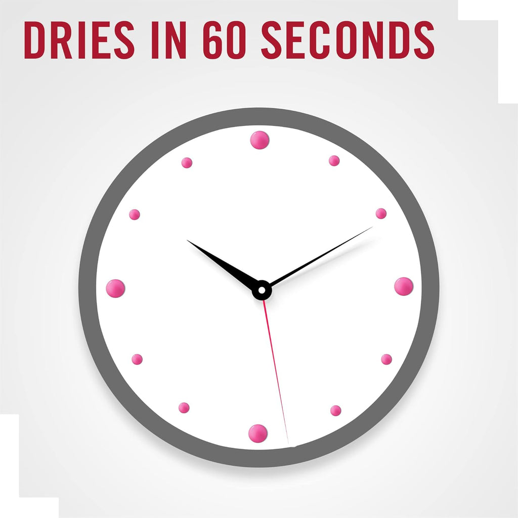 Graphic showing Rimmel 808 Your Majesty nail polish dries in 60 seconds