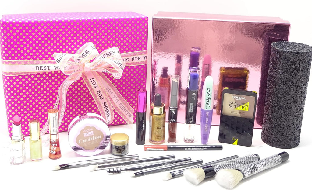 Complete makeup and brush set with cosmetics neatly displayed, alongside pink and black gift-wrapped box with ribbon