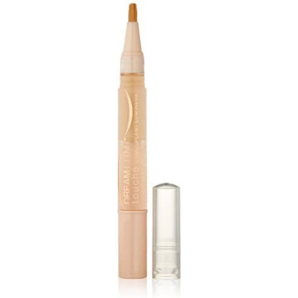 Maybelline Dream Lumi Touch Highlighting Concealer in 03 Sand with cap removed, showing brush applicator for precise highlighting and concealing.