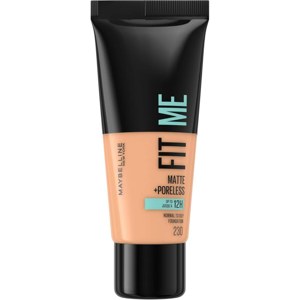 Maybelline 230 Natural Buff Fit Me Foundation tube showing product label for normal to oily skin.
