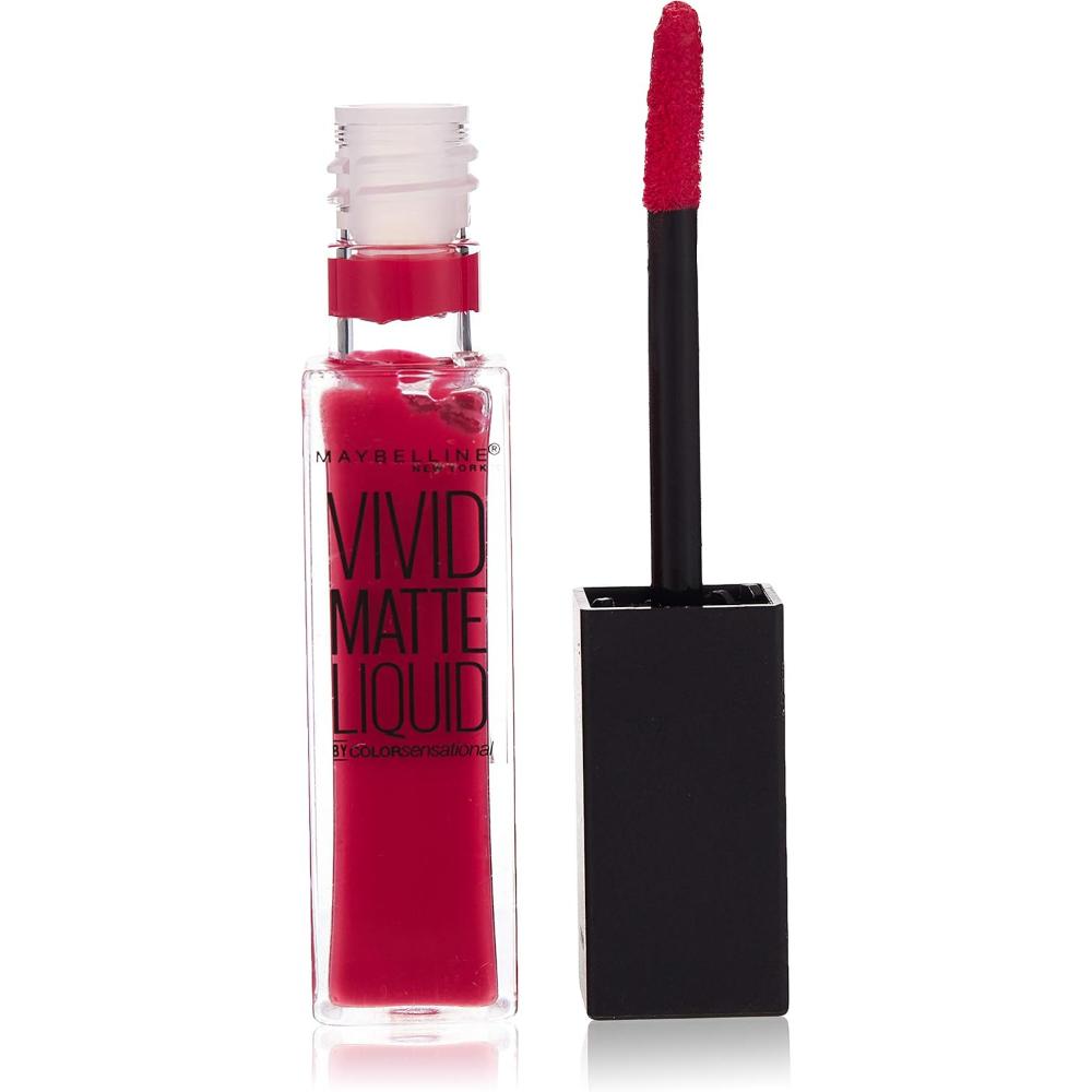 Maybelline 30 Fuchsia Ecstacy Vivid Matte Liquid Lip Gloss in a bright fuchsia shade with an open bottle and applicator wand displayed