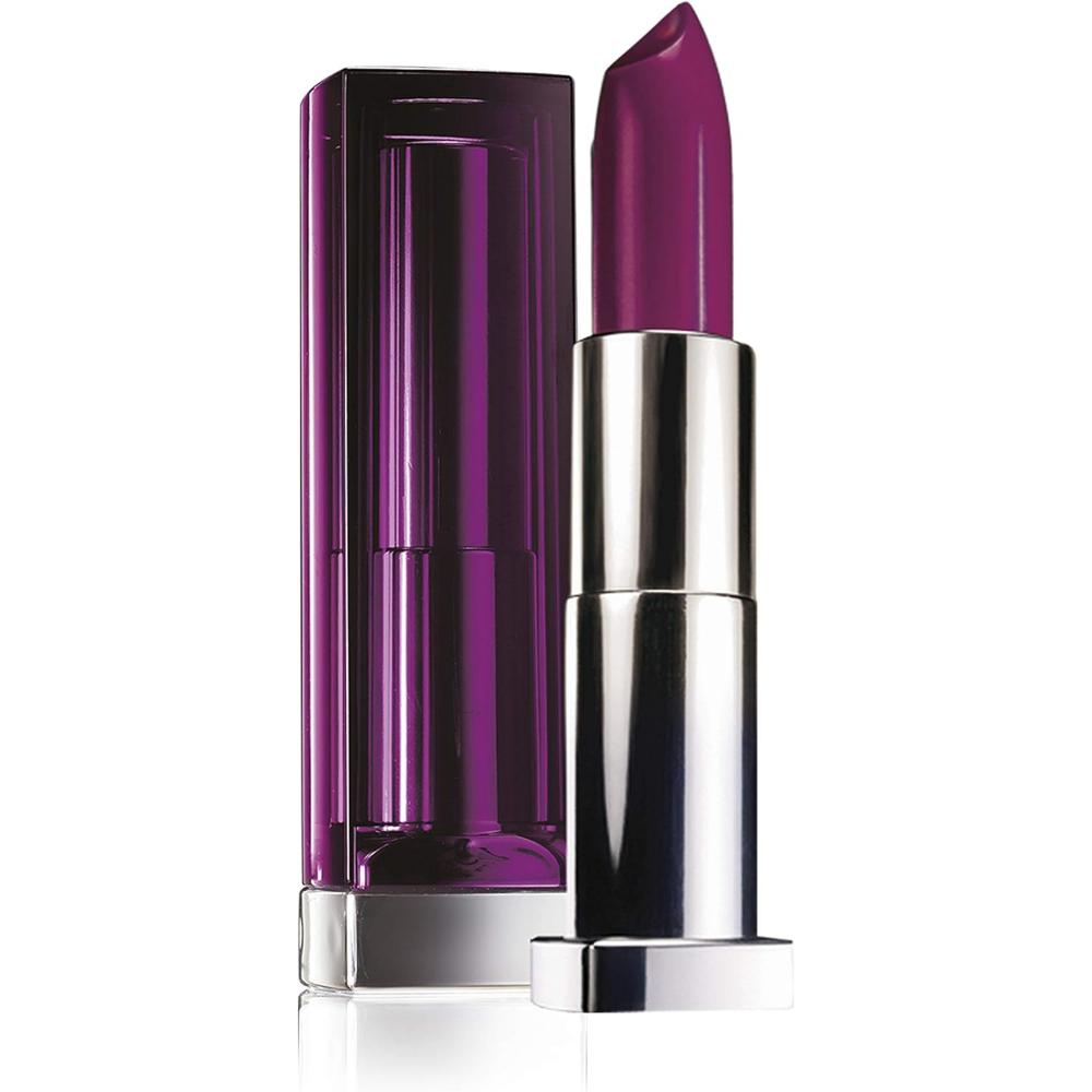 Maybelline 365 Plum Passion Color Sensational Lipstick in a bold plum shade with silver casing, open view