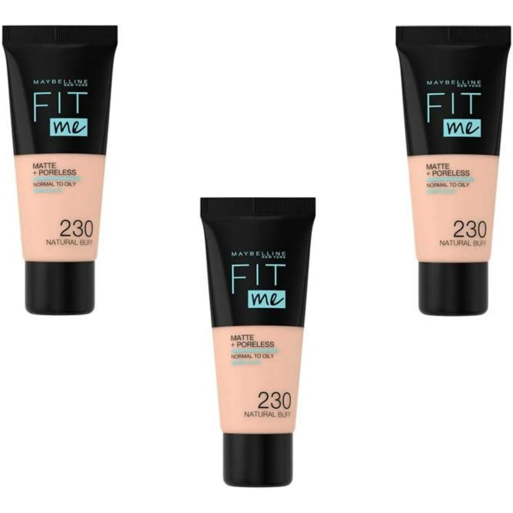 Three tubes of Maybelline Fit Me Matte & Poreless Foundation in the shade 230 Natural Buff, each containing 30ml