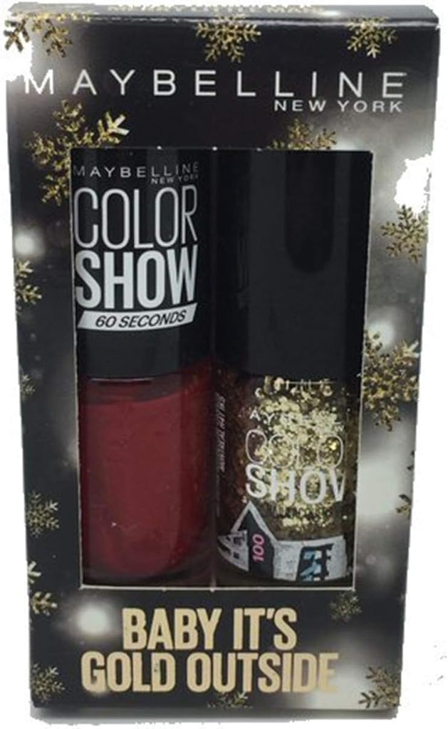 Front view of Maybelline Have Yourself A Merry Little Mani Duo Nail Polish Set - Baby It's Cold Outside, featuring red and gold glitter polish