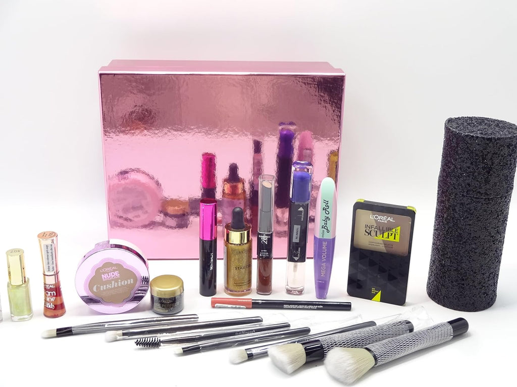 Elegant pink and black brush set along with luxury cosmetics, including lipsticks and contour palette