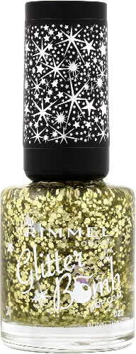 Rimmel London Glitter Bomb Top Coat 022 Bling Thing in gold glitter with starry black cap design