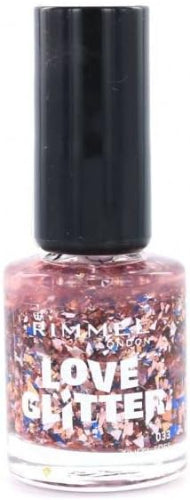 Rimmel London Love Glitter Nail Polish 032 All Glittered Up with chunky red, pink, and blue glitter flakes in a clear base