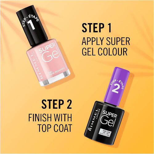 Rimmel Super Gel system showing Step 1 colour polish and Step 2 top coat
