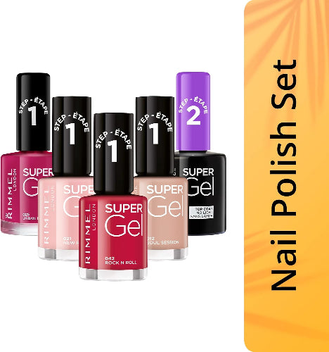 Rimmel London Super Gel collection with Step 1 colours and Step 2 top coat