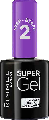 Rimmel London Super Gel Top Coat Nail Polish 12ml with purple step 2 cap, front view