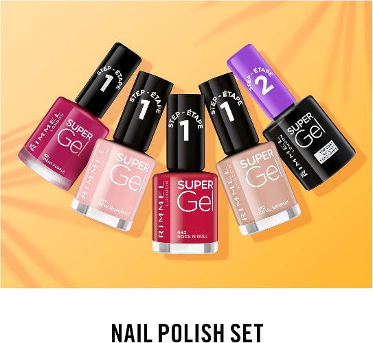 Nail polish set featuring Rimmel Super Gel colours and top coat