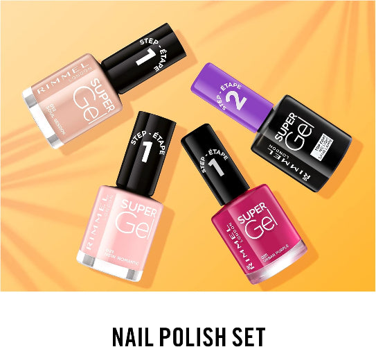 Flatlay of Rimmel Super Gel polishes and top coat arranged in a set