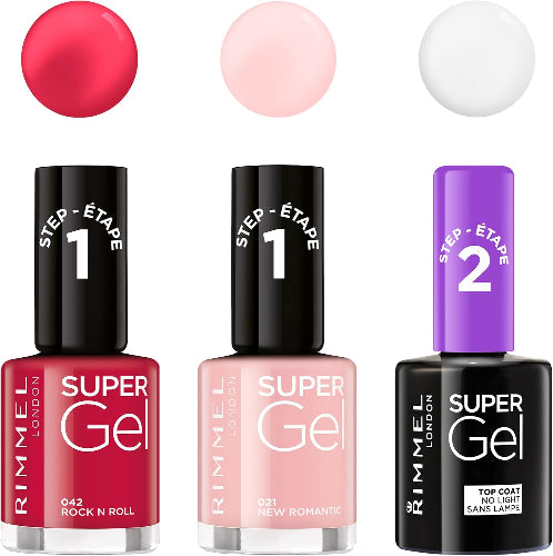 Swatches of Rimmel Super Gel Step 1 colours alongside the Step 2 top coat