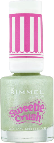 Rimmel London Sweetie Crush Nail Polish 010 Fizzy Appleicious in frosted apple green with textured glitter finish