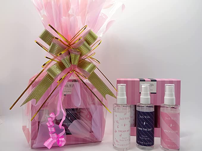  Jack Wills Body Spray Trio in a gift hamper with pink and gold wrapping and the three body spray bottles displayed in front.