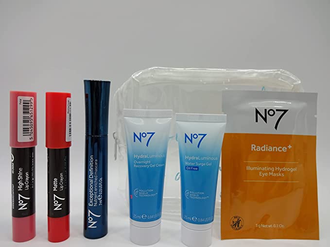 Close-up of No7 products in the bundle, including lip crayon, mascara, water surge gel, and hydrating creams.