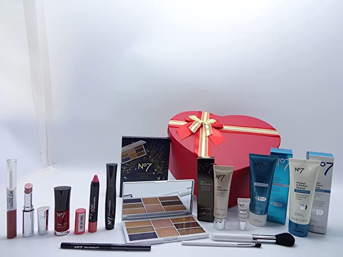 No7 The Ultimate Edition Complete Make Up & Skin Care Gift Set with contents and empty red heart-shaped box next to it