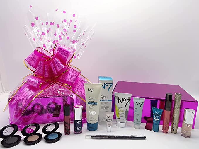 Full view of the No7 Glam Beauty Bundle Gift Hamper with all skincare and makeup items displayed in front of the beautifully wrapped gift.