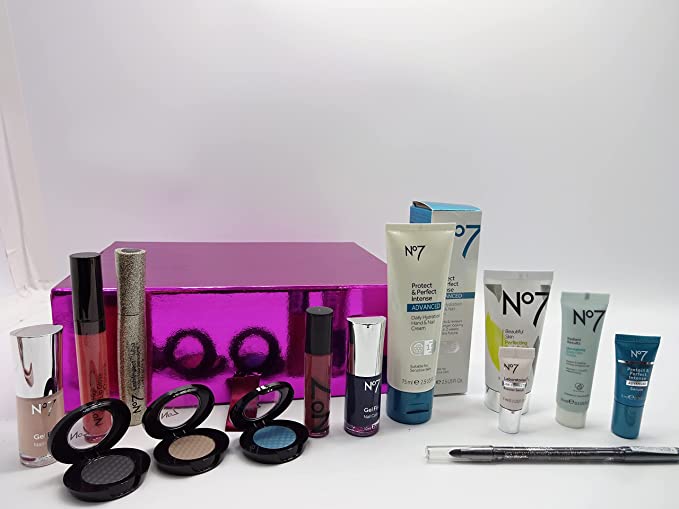 Display of No7 skincare and makeup products in the Glam Beauty Bundle, featuring moisturizers, serums, and color cosmetics.