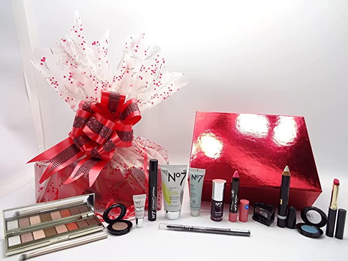 All 13 skincare and makeup items alongside the red No7 luxury gift box and beautifully wrapped hamper.