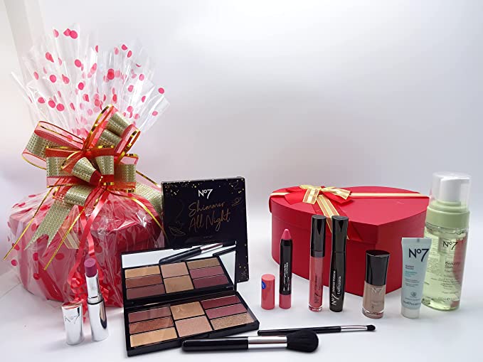  Close-up shot of the No7 makeup and skincare products included in the hamper, showcasing vibrant colors and sleek packaging.