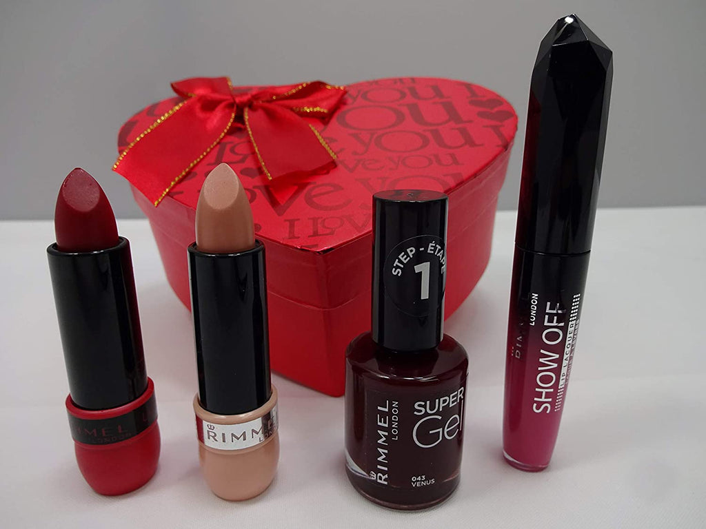 Rimmel London makeup set including two lipsticks, nail polish, and mascara, displayed in front of the red heart-shaped gift box.