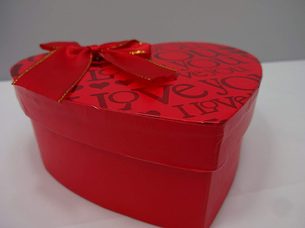 Red heart-shaped gift box with "I Love You" text and a decorative red bow on top.