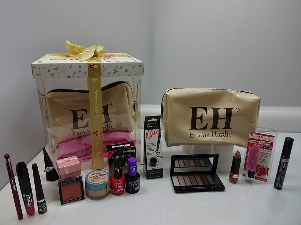 Makeup items from Rimmel London hamper, including EH makeup bag and crystal ring