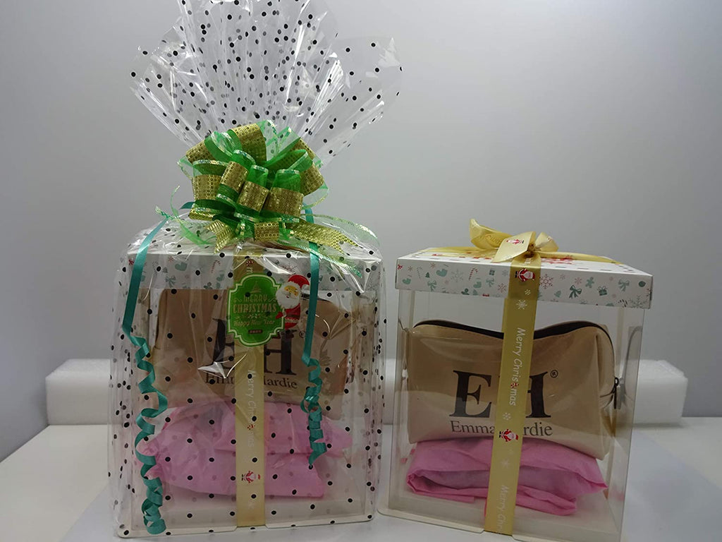 Side view of Rimmel London festive gift hamper with make-up bag and cosmetic items