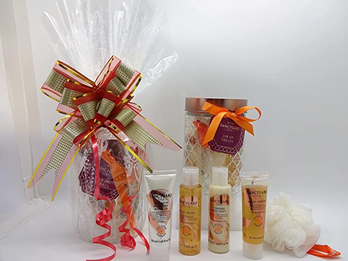 Complete Sanctuary Spa Jar of Treats Gift Set with packaging, jar, and body care products laid out beautifully.